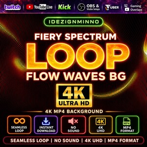 May include: Digital graphic featuring the text "FIERY SPECTRUM LOOP FLOW WAVES BG" in orange, set against a dark background with flowing lines. Includes "4K ULTRA HD" and icons for seamless loop, instant download, no sound, 4K UHD, and MP4 format.