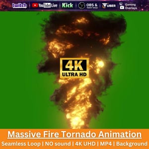 Tornado de fuego con pantalla verde / Animación hiperrealista de vórtice de llamas / Superposición de efectos visuales / Efecto de transmisión OBS