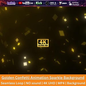 Può includere: Uno sfondo di animazione digitale con particelle di coriandoli dorati che fluttuano su uno sfondo scuro. Il centro mostra un badge dorato 4K ULTRA HD. L'intestazione superiore include i loghi di Twitch, YouTube Live, Kick, OBS, Vuber e Gaming Overlays.