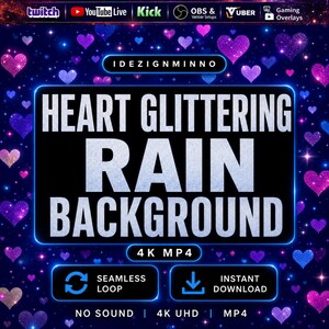 Può includere: Uno sfondo digitale con un design a tema cuore. Il testo recita "HEART GLITTERING RAIN BACKGROUND" in bianco su uno sfondo nero. Lo sfondo presenta cuori e stelle scintillanti, con le parole "4K MP4", "SEAMLESS LOOP" e "INSTANT DOWNLOAD".