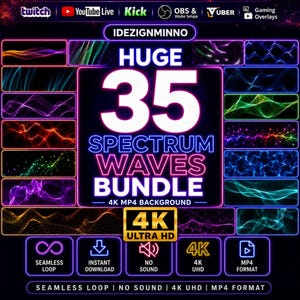 May include: A digital graphic featuring a "HUGE 35 SPECTRUM WAVES BUNDLE" with colorful wave designs. The image includes icons for seamless loop, instant download, no sound, 4K UHD, and MP4 format. The background is black with neon blue and purple accents.