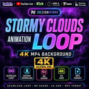 Pode incluir: Gráfico digital com o texto "Stormy Clouds Animation Loop" em azul e rosa, com "4K MP4 Background" abaixo. Inclui ícones para loop contínuo, download instantâneo, sem som, 4K UHD e formato MP4.