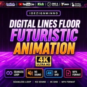 May include: A digital animation graphic with the text "DIGITAL LINES FLOOR FUTURISTIC ANIMATION" in purple and orange. The graphic includes icons for seamless loop, no sound, 4K UHD, and MP4 format. The background is a gradient of purple and black.