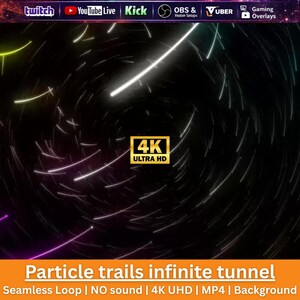 Könnte beinhalten: Ein digitaler Hintergrund mit einem unendlichen Tunnel aus weißen, gelben und violetten Lichtpartikelspuren vor einem schwarzen Hintergrund. Ein goldenes 4K ULTRA HD-Abzeichen ist zentriert. Der obere Text enthält Twitch, YouTube Live, Kick, OBS & Vuber.