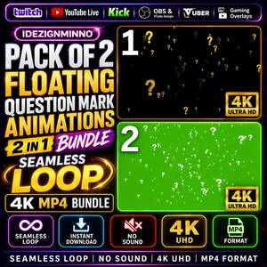 May include: A digital product bundle featuring two floating question mark animations. The product is a 4K MP4 bundle with a seamless loop and instant download. The animations are designed for gaming overlays and VTube setups.