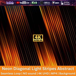 May include: A digital background featuring abstract orange and black diagonal light stripes. The center displays a gold 4K ULTRA HD badge. The top header includes logos for Twitch, YouTube Live, Kick, OBS, Vuber, and Gaming Overlays text labels.