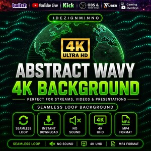 Op de afbeelding: Een digitale afbeelding met de tekst "ABSTRACT WAVY 4K BACKGROUND" in groen en wit. De afbeelding bevat pictogrammen voor naadloze lus, direct downloaden, geen geluid, 4K UHD en MP4-formaat. De achtergrond is een groen, golvend ontwerp.