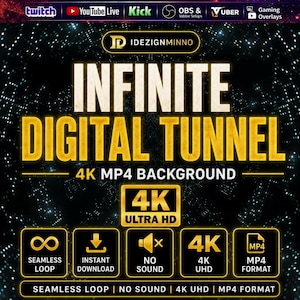 Puede incluir: Un gráfico digital con el texto "INFINITE DIGITAL TUNNEL" en dorado. El gráfico se presenta como un fondo MP4 4K con características que incluyen bucle continuo, descarga instantánea, sin sonido, 4K UHD y formato MP4.