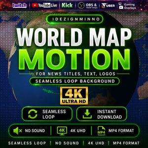 Peut inclure: Graphique numérique avec le texte "WORLD MAP MOTION" en grandes lettres vertes sur une illustration de globe. Conçu pour les titres d'actualités, le texte et les logos, avec un fond en boucle transparente. Comprend une résolution 4K Ultra HD, une boucle transparente, un téléchargement instantané, sans son et au format MP4.