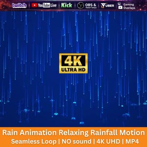 Puede incluir: Un gráfico digital con un fondo azul profundo y rayas verticales de color azul claro que parecen lluvia. Una insignia dorada de 4K ULTRA HD está centrada. La barra superior muestra los logotipos de Twitch, YouTube Live, Kick, OBS, Vuber y Gaming Overlays.