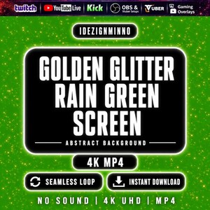 Może przedstawiać: Grafika cyfrowa z zielonym brokatowym tłem. Centralny czarny prostokąt zawiera biały tekst "GOLDEN GLITTER RAIN GREEN SCREEN". Dodatkowy tekst obejmuje "ABSTRACT BACKGROUND", "4K MP4", "SEAMLESS LOOP" i "INSTANT DOWNLOAD".