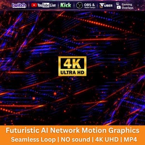 May include: A digital graphic featuring a black background with red and blue light trails. A gold 4K ULTRA HD badge is centered. The top bar displays logos for Twitch, YouTube Live, Kick, OBS, Vuber, and Gaming Overlays. Text reads Futuristic AI Network Motion Graphics, Seamless Loop, NO sound, 4K UHD, MP4.