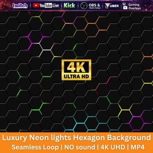 Puede incluir: Un fondo negro de hexágonos con luces de neón en varios colores, incluyendo verde, morado y amarillo. La imagen tiene un logotipo dorado 4K Ultra HD. El texto en la parte inferior dice "Luxury Neon lights Hexagon Background Seamless Loop | NO sound | 4K UHD | MP4."