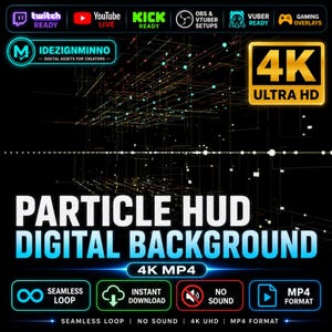 May include: A digital background graphic with the text "PARTICLE HUD DIGITAL BACKGROUND" in white. The graphic includes icons for Twitch, YouTube, Kick, OBS, Vuber, and Gaming Overlays. It also features "4K ULTRA HD" and "4K MP4" text.