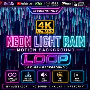 以下が含まれることがあります： ネオンライトレインのデザインのデジタルグラフィック。テキストには「NEON LIGHT RAIN MOTION BACKGROUND LOOP」と「4K ULTRA HD」が含まれています。アイコンは、シームレスループ、インスタントダウンロード、無音、4K UHD、およびMP4形式を示しています。