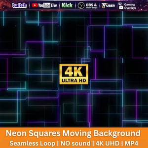 Neon Squares Moving Background Animation | Glowing Geometric Seamless Loop Futuristic Motion OBS, Twitch, YouTube