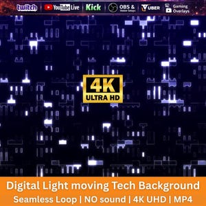 Könnte beinhalten: Ein digitaler Tech-Hintergrund mit einem dunkelblauen Feld und leuchtend weißen rechteckigen Lichtmustern. Ein goldenes 4K ULTRA HD-Abzeichen ist zentriert. Die obere Leiste zeigt Logos für Twitch, YouTube Live, Kick, OBS, Vuber und Gaming Overlays.