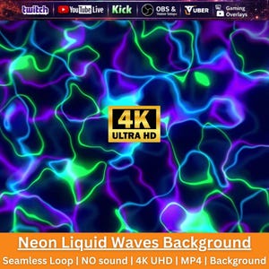 Op de afbeelding: Een digitale achtergrond met neon vloeibare golven in levendige tinten paars, blauw en groen tegen een donkere achtergrond. Een gouden 4K ULTRA HD-badge staat in het midden. De bovenbalk toont logo's voor Twitch, YouTube Live, Kick, OBS en Vuber.