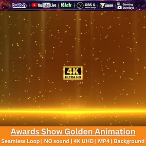 Puede incluir: Un fondo de animación dorada para entrega de premios con un logotipo 4K Ultra HD en el centro, rodeado de partículas doradas flotantes sobre un degradado ámbar. La barra superior muestra iconos de Twitch, YouTube Live, Kick, OBS y Vuber.