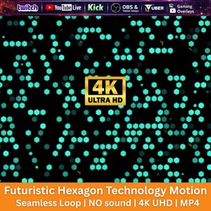Bucle de fondo de tecnología hexagonal futurista / Animación de lluvia de estrellas brillantes / Superposición de transmisión OBS / Twitch YouTube