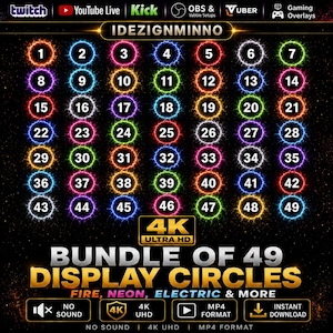May include: A digital collection of 49 circular display icons featuring electric, neon, and fire-like energy effects in various colors. Each circle contains a unique number from 1 to 49. The graphic includes text labels for Twitch, YouTube Live, Kick, OBS, and Vuber.