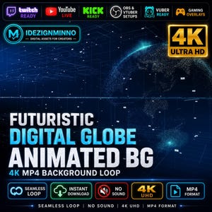 Puede incluir: Gráfico de activos digitales con el texto "FUTURISTIC DIGITAL GLOBE ANIMATED BG" en blanco y azul. La imagen incluye logotipos de Twitch, YouTube y Kick, junto con el texto "4K ULTRA HD". También presenta iconos para bucle continuo, descarga instantánea, sin sonido, 4K UHD y formato MP4.
