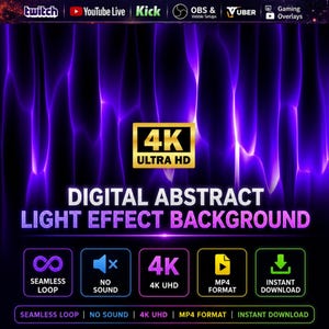 May include: Digital abstract light effect background with a purple and black design. The image includes the text "4K ULTRA HD" and icons for seamless loop, no sound, 4K UHD, MP4 format, and instant download.