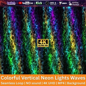 Puede incluir: Un fondo digital con patrones de luces de neón verticales y onduladas en tonos azul, verde, morado y amarillo. El centro muestra una insignia dorada de 4K ULTRA HD. La barra superior incluye texto para Twitch, YouTube Live, Kick, OBS y Vuber.