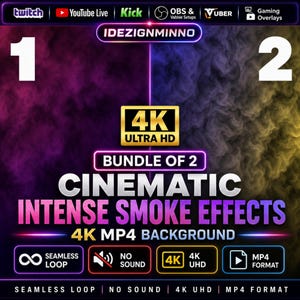 May include: A digital product graphic with a purple and yellow smoke effect background. The text reads "BUNDLE OF 2 CINEMATIC INTENSE SMOKE EFFECTS 4K MP4 BACKGROUND". Includes icons for seamless loop, no sound, 4K UHD, and MP4 format.