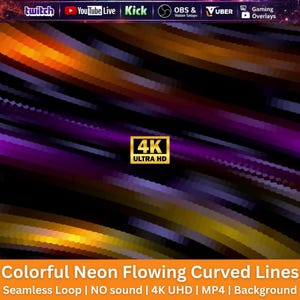 May include: A digital background featuring colorful neon flowing curved lines in shades of orange, purple, and black. The center displays a gold 4K ULTRA HD badge. The top header includes logos for Twitch, YouTube Live, Kick, OBS, and Vuber Gaming Overlays.