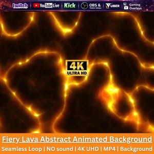 May include: An abstract digital background featuring glowing orange and yellow lava-like patterns against a dark backdrop. The center displays a gold rectangular badge with the text 4K ULTRA HD. Top icons include Twitch, YouTube Live, Kick, OBS, Vuber, and Gaming Overlays.