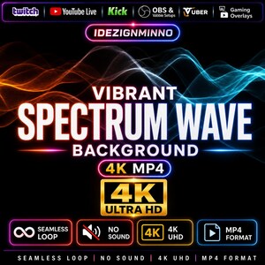 May include: A digital graphic with the text "VIBRANT SPECTRUM WAVE BACKGROUND" in white, orange, and blue. The graphic includes the text "4K MP4" and "4K ULTRA HD". Additional text includes "SEAMLESS LOOP", "NO SOUND", and "MP4 FORMAT".