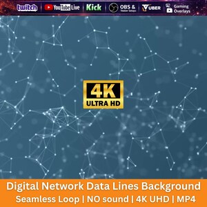 May include: A digital network data lines background featuring a blue backdrop with white interconnected nodes and lines. A gold 4K ULTRA HD badge is centered. The top bar displays Twitch, YouTube Live, Kick, OBS & Vuber, and Gaming Overlays logos.