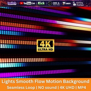 May include: A digital motion background featuring horizontal rows of glowing dots in purple, blue, orange, and white. A gold square in the centre displays the text 4K ULTRA HD. The top bar lists Twitch, YouTube Live, Kick, OBS, and Vuber logos.