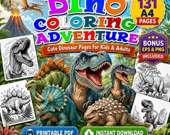 Dino Adventure Coloring Pack | 131 A4 Pages PDF | Kids & Adults Activity