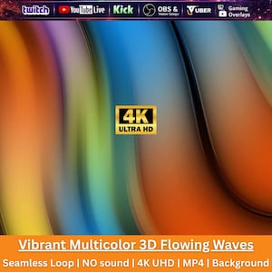 May include: A digital background featuring vibrant, flowing 3D waves in a multicoloured gradient. The centre displays a gold 4K ULTRA HD badge. The top header includes logos for Twitch, YouTube Live, Kick, OBS, Vuber, and Gaming Overlays.