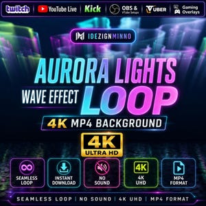 Può includere: Grafica digitale con il testo "AURORA LIGHTS WAVE EFFECT LOOP" in rosa e blu vivaci. L'immagine promuove uno sfondo 4K MP4 con funzionalità come loop continuo, download istantaneo e nessun suono. La grafica include anche il testo "4K ULTRA HD".