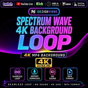 Op de afbeelding: Een digitale afbeelding met de tekst "SPECTRUM WAVE 4K BACKGROUND LOOP" in blauw en roze. Het bevat pictogrammen voor naadloze lus, direct downloaden, geen geluid en MP4-formaat. De achtergrond is zwart met kleurrijke golfpatronen.