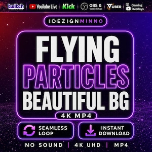 Könnte beinhalten: Digitalgrafik mit dem Text "FLYING PARTICLES BEAUTIFUL BG" in Weiß und Lila, mit dem Text "4K MP4". Enthält Symbole für nahtlose Schleife und sofortigen Download. Der Hintergrund ist dunkel mit Sternen.