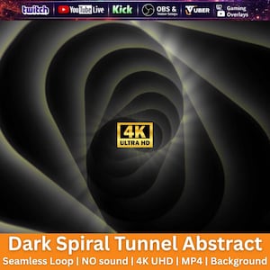 May include: Abstract digital art featuring a dark spiral tunnel design with a 4K Ultra HD logo. The image has a seamless loop, no sound, and is an MP4 background. The design is primarily black and gray with light accents.