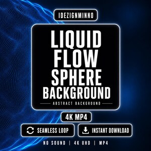 Könnte beinhalten: Digitalgrafik mit dem Text "LIQUID FLOW SPHERE BACKGROUND" in Weiß auf einem schwarzen Quadrat, vor einem dunkelblauen, abstrakten Hintergrund. Zusätzlicher Text enthält "ABSTRACT BACKGROUND", "4K MP4", "SEAMLESS LOOP" und "INSTANT DOWNLOAD".