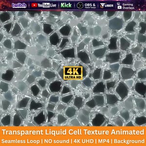 Peut inclure: Un arrière-plan numérique avec une texture de cellules liquides transparentes. Le motif présente un réseau de formes irrégulières interconnectées dans des tons de gris et de noir, avec un aspect brillant et réfléchissant. Le texte "4K ULTRA HD" est inclus.