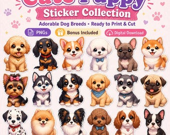 110 Dog Breed Puppy Stickers PNG | Clipart Bundle | Ready to Print & Cut (Digital Download)