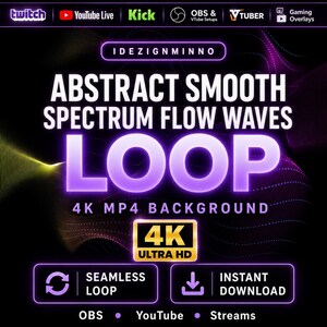 May include: A digital graphic featuring the words "ABSTRACT SMOOTH SPECTRUM FLOW WAVES LOOP" in white and purple. The background is black with colourful wave patterns. Includes "4K MP4 BACKGROUND" and "4K ULTRA HD" text.