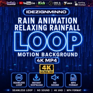 Könnte beinhalten: Blaues digitales Grafikdesign mit dem Text "RAIN ANIMATION RELAXING RAINFALL LOOP MOTION BACKGROUND 4K MP4". Symbole für nahtlose Schleife, sofortiger Download, kein Ton und MP4-Format.