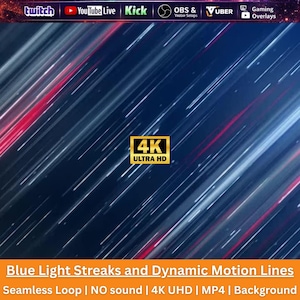 May include: A digital background featuring diagonal blue and red light streaks on a dark navy field. A gold 4K ULTRA HD badge is centered. The top bar displays logos for Twitch, YouTube Live, Kick, OBS & Vuber, and Gaming Overlays. The bottom text reads: Blue Light Streaks and Dynamic Motion Lines, Seamless Loop, NO sound, 4K UHD, MP4, Background.