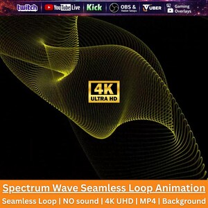 Può includere: Un grafico digitale con un motivo a onde gialle astratte su sfondo nero con un emblema centrale dorato 4K ULTRA HD. La barra superiore mostra i loghi di Twitch, YouTube Live, Kick, OBS e Vuber. Il testo recita Spectrum Wave Seamless Loop Animation.
