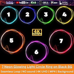 Op de afbeelding: Zeven neon gloeiende lichtcirkelringen op een zwarte achtergrond, genummerd van één tot zeven in het wit. Elke ring heeft een eigen kleur: cyaan, blauw, groen, geel, oranje, paars en rood. Bevat tekst: 4K ULTRA HD, 7 Neon Glowing Light Circle Ring on Black BG, Seamless Loop, NO sound, 4K UHD, MP4, Background.