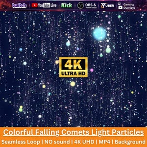 May include: A digital background featuring colorful falling light particles against a dark blue backdrop. The image displays the text 4K ULTRA HD in a gold box, with platform logos at the top and the text Colorful Falling Comets Light Particles at the bottom.