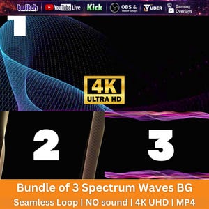 Può includere: Una visualizzazione grafica digitale con tre sezioni distinte etichettate 1, 2 e 3, che mostrano motivi astratti di onde luminose blu e viola su sfondo nero. Il testo 4K ULTRA HD è centrato, con Bundle of 3 Spectrum Waves BG nella parte inferiore.
